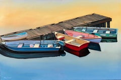  "Peaceful Sunrise" Wooden Boats In Harbor With Glowing Water Reflections