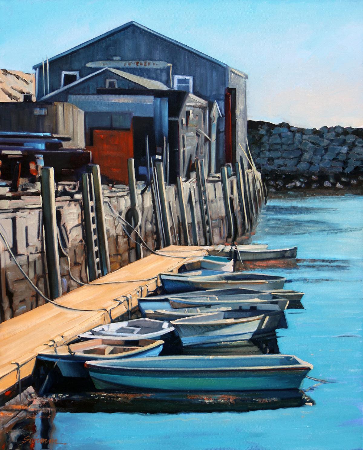 Tom Swimm Landscape Painting - "Perfect Autumn Day"  Wooden Boats Tied Up With Glowing Water Reflections