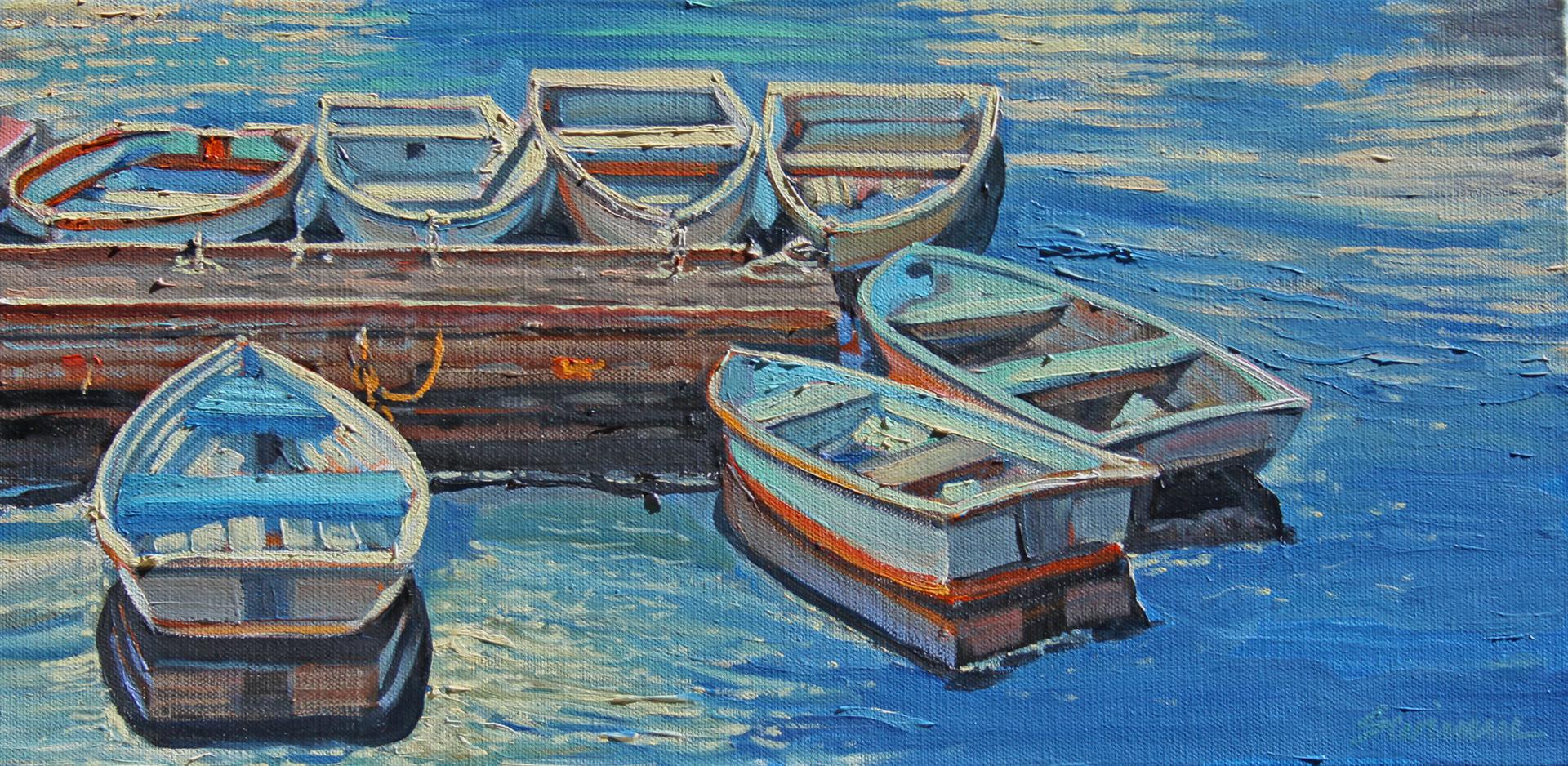 Tom Swimm Landscape Painting –  „Perkins Cove“ Holzboote, getäfelt mit leuchtenden Wasserreflektoren