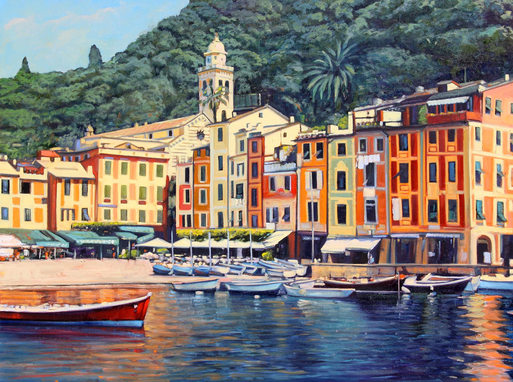Tom Swimm Landscape Painting – "Portofino-Erinnerungen"  Italienischer Hafen mit brillanten Wasserspiegelungen