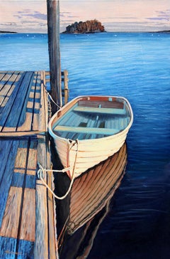 "Reflections In Blue" Wooden Boat Tied Up With Glowing Water Reflections