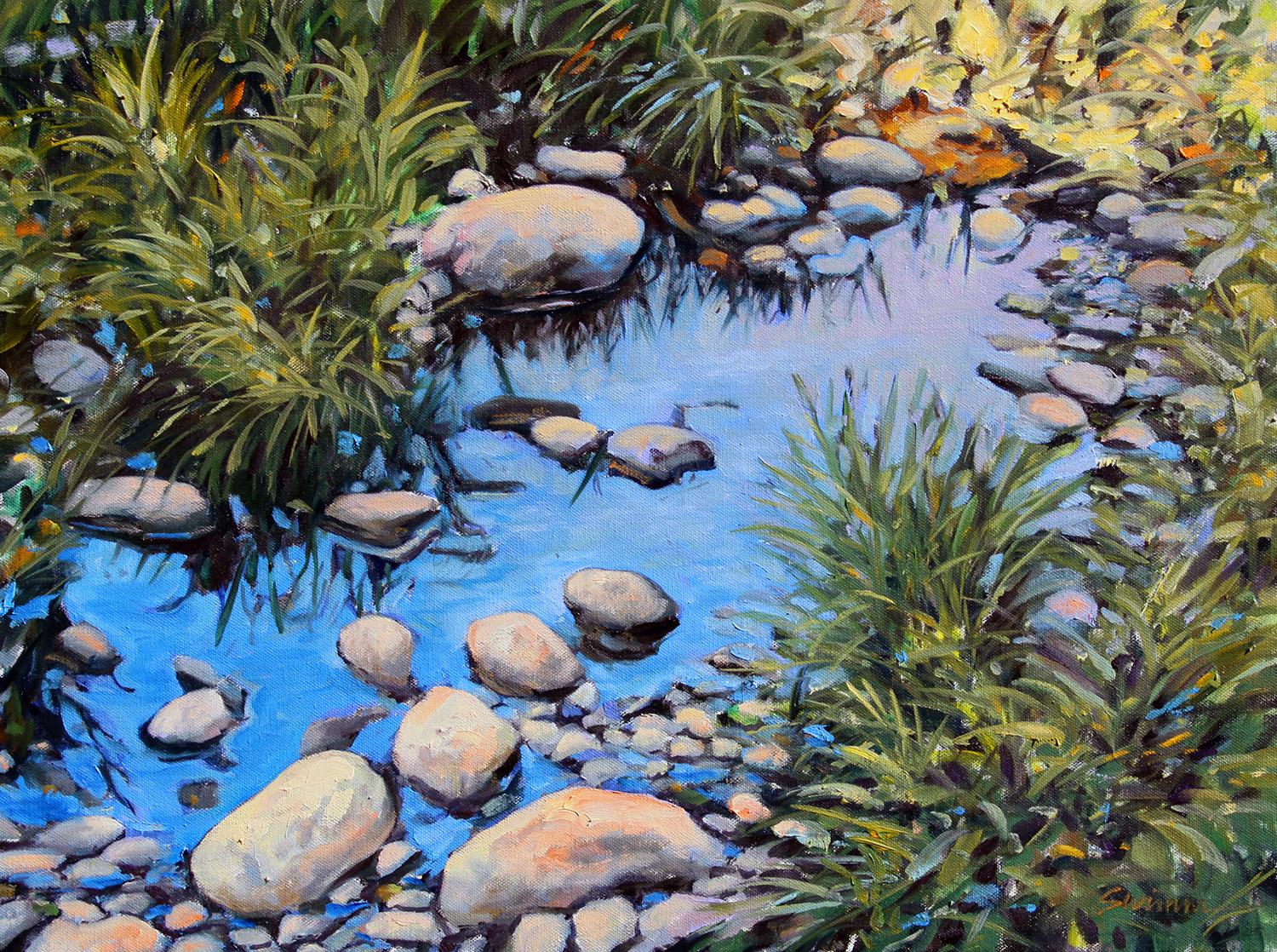 Landscape Painting de Tom Swimm - "Reflejos de río" Verdes y azules intensos con brillantes reflejos de agua