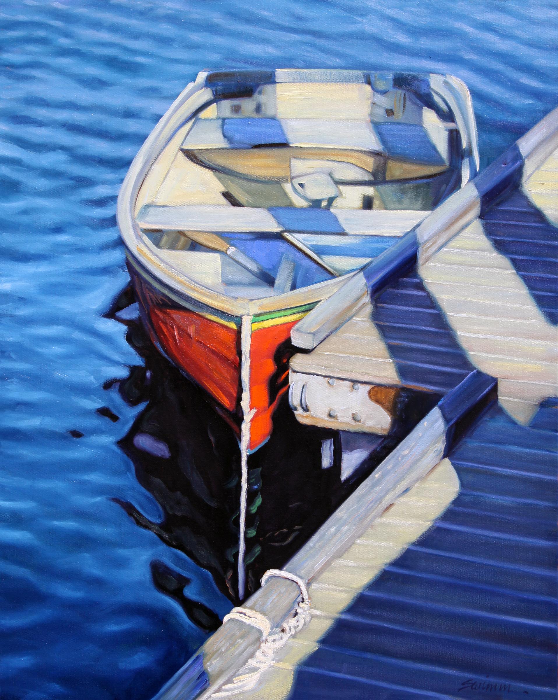 Tom Swimm Landscape Painting -  "Rockport Blues"  Boat With Deep Blue Water Reflections Oil Painting