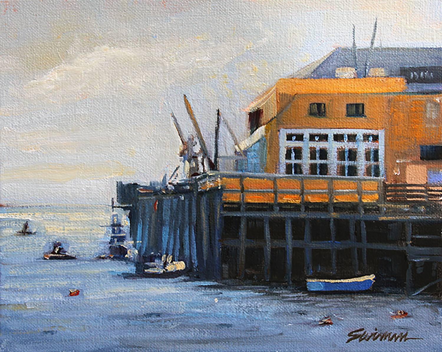  "San Luis Pier" features a unique perspective of a tranquil subject that exhibits the bold colors and strong composition that Swimm is known for.

  Born and raised on the East Coast, he had a successful career as an advertising commercial artist