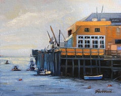 "San Luis Pier, "   Oil of Pier with shimmering water and sky by Tom Swimm