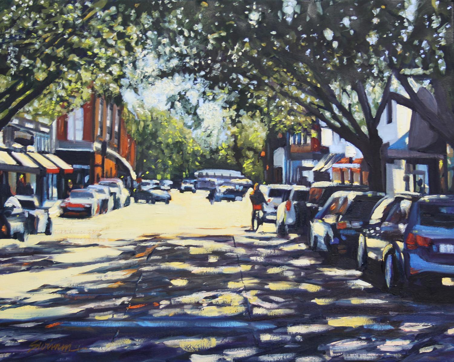 Tom Swimm Landscape Painting - "Savannah Shadows" Colorful Street Scene