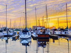  "Serene Harbor"  Boats With Colorful Water Reflections Oil Painting