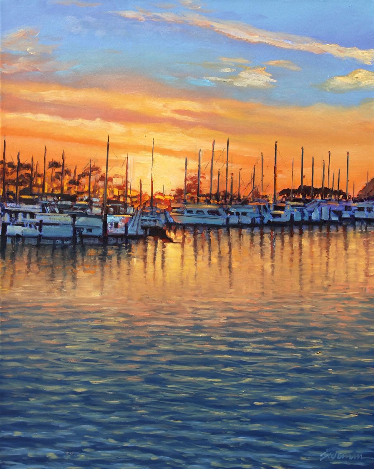 Landscape Painting di Tom Swimm - "Tramonto scintillante"  Barche a vela legate con riflessi d'acqua luminosi