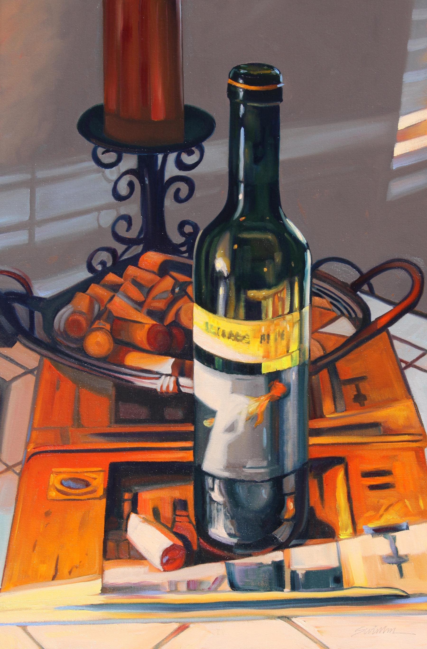 Tom Swimm Figurative Painting -  "Shiraz Still Life" Wine Bottle Scene Oil Painting 