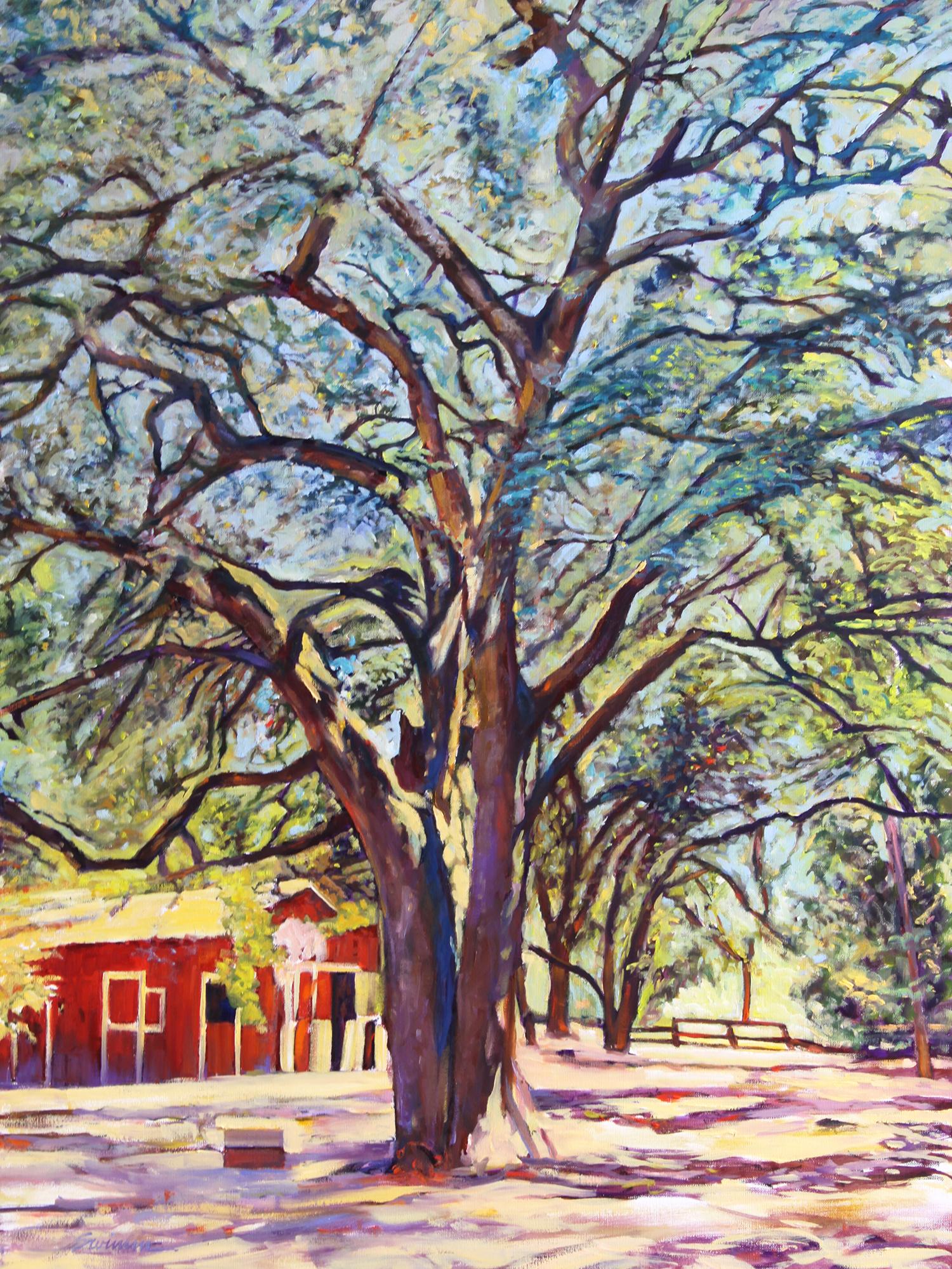 Tom Swimm Landscape Painting - "Sonoma Oak" Grand Old Tree with Colorful Shadows