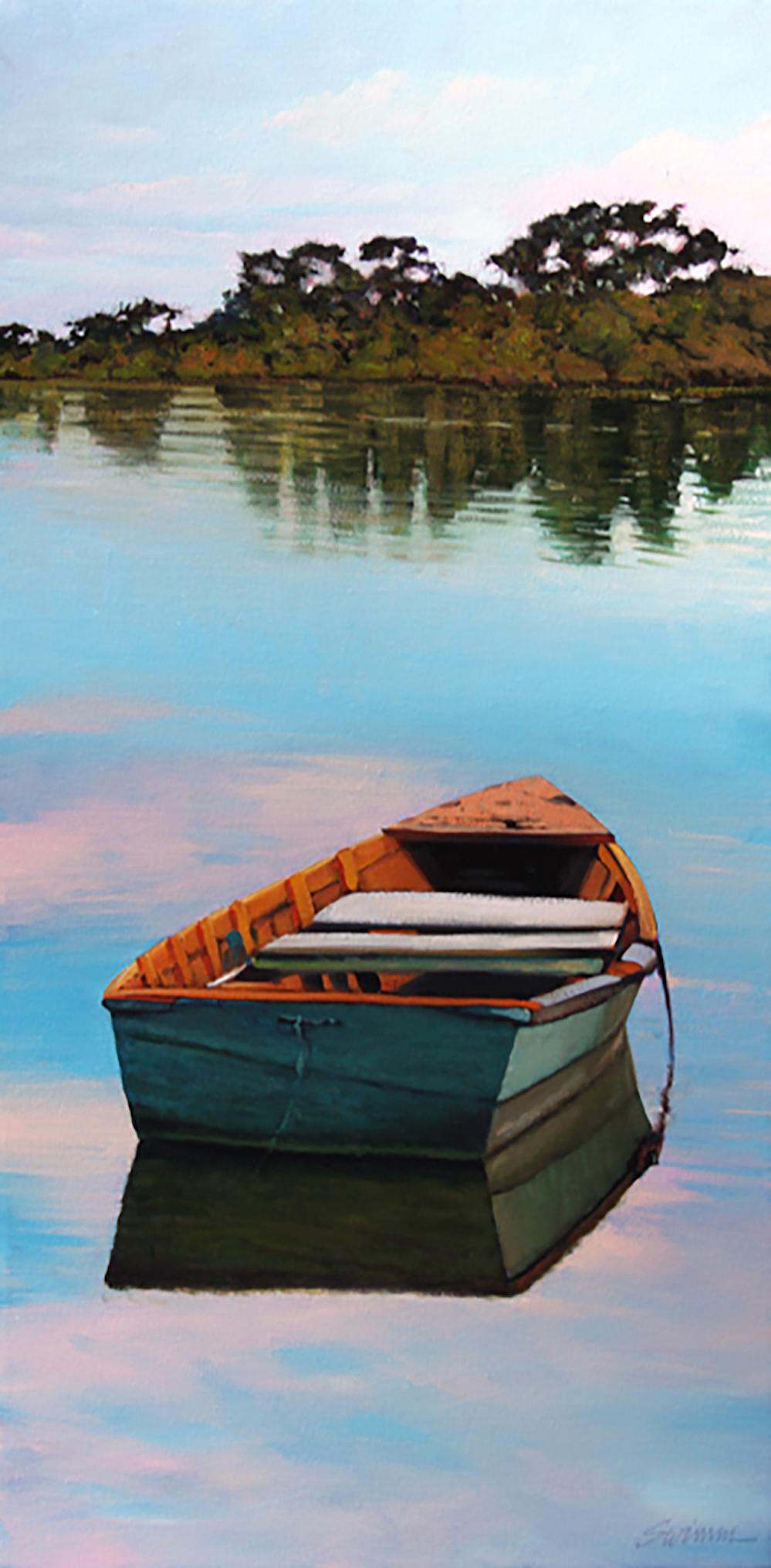 Tom Swimm Landscape Painting -  "Southern Coast Reflections" Row Boat With Sparkling Blue Water Reflections 