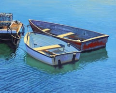 "Sunlight In Rockport"  Row Boats With Deep Blue Water Reflections Oil Painting