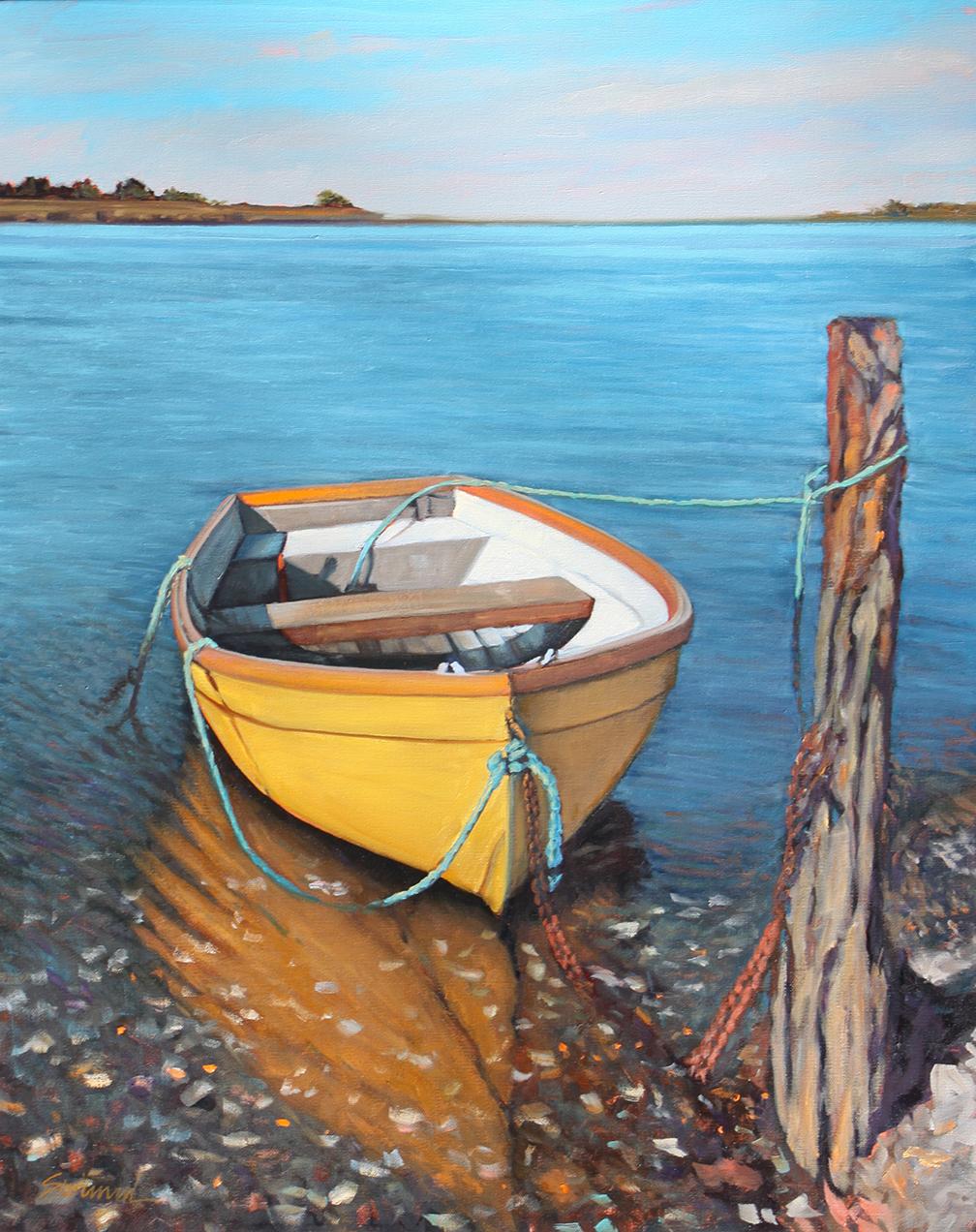 Tom Swimm Landscape Painting - "Sunlight On The Bay" Golden Boat In Harbor With Brilliant Water Reflections