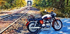  "Triumph By The Tracks" Motorcycle and Train Scene Oil Painting by Tom Swimm