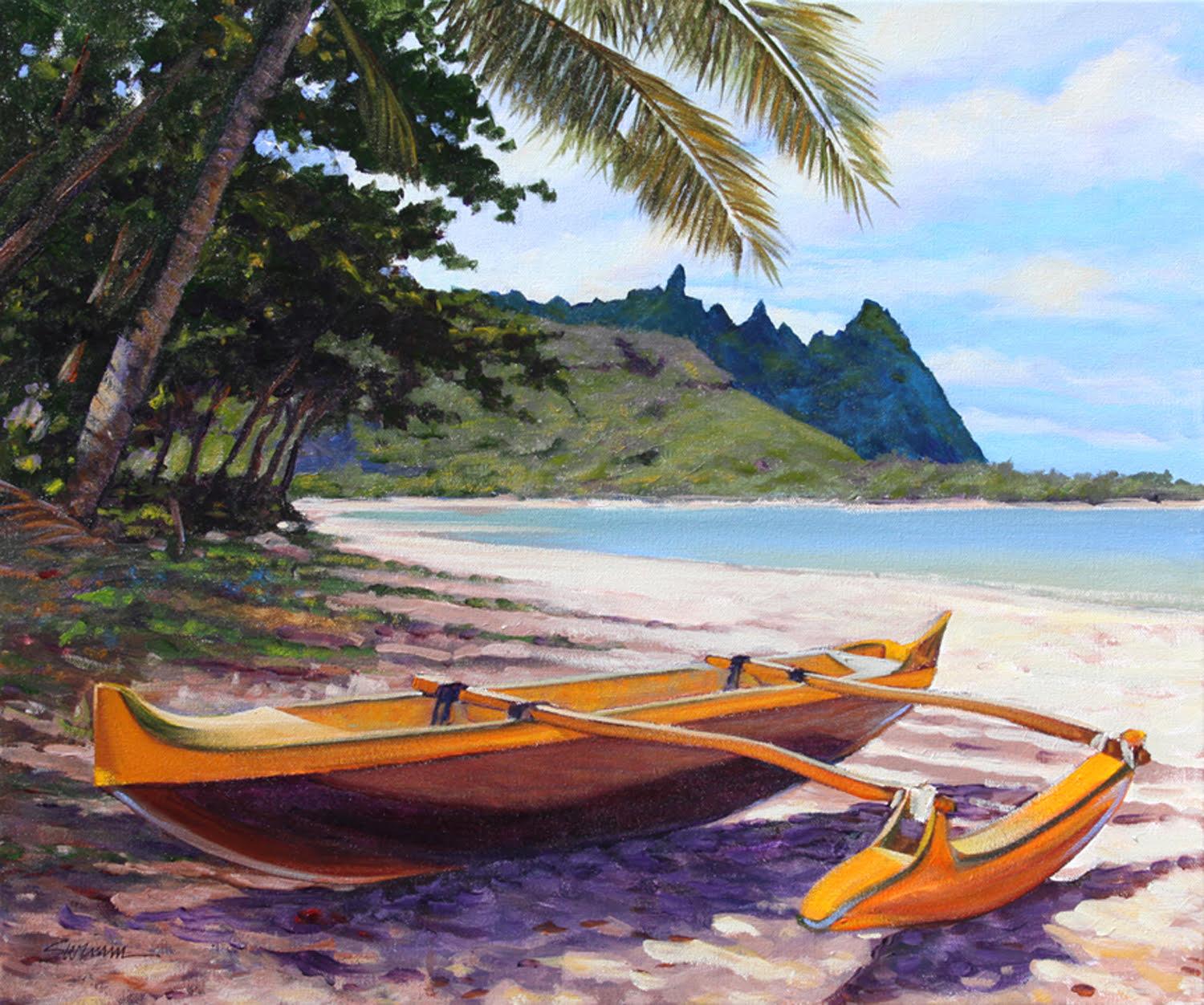 Tom Swimm Landscape Painting -  "Tunnnels Outrigger"  Outrigger on Kauai Beach With Palm Trees and White Sand