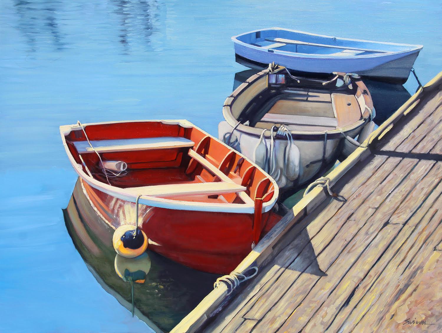 Tom Swimm Landscape Painting -  "Walking The Dock"  Three Row Boats With Brilliant Blue Water Reflections 