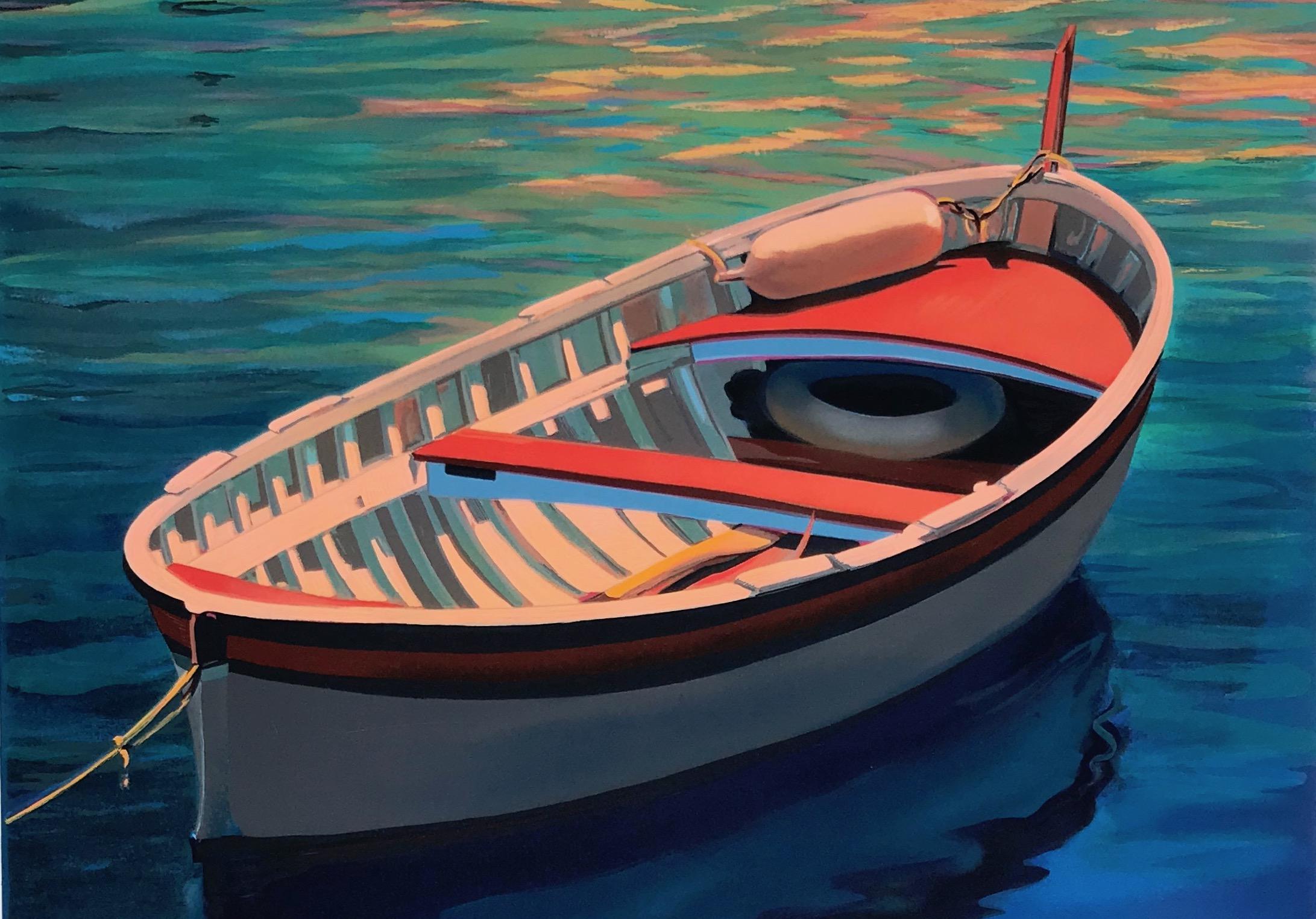  « Harbor Rainbow », bateau coloré aux reflets d'eau bleu profond sérigraphié - Print de Tom Swimm