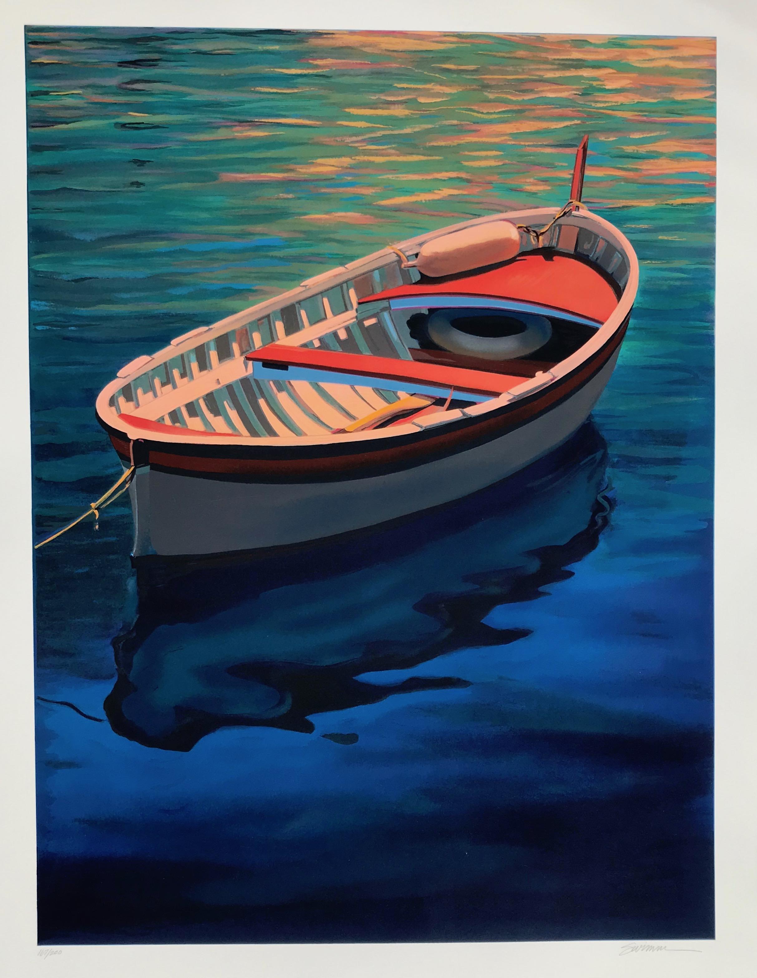 Landscape Print Tom Swimm -  « Harbor Rainbow », bateau coloré aux reflets d'eau bleu profond sérigraphié