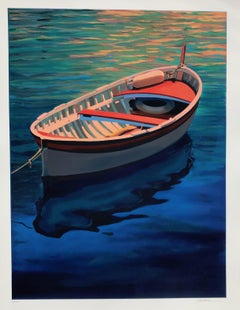  "Harbor Rainbow" Colorful Boat With Deep Blue Water Reflections Serigraph