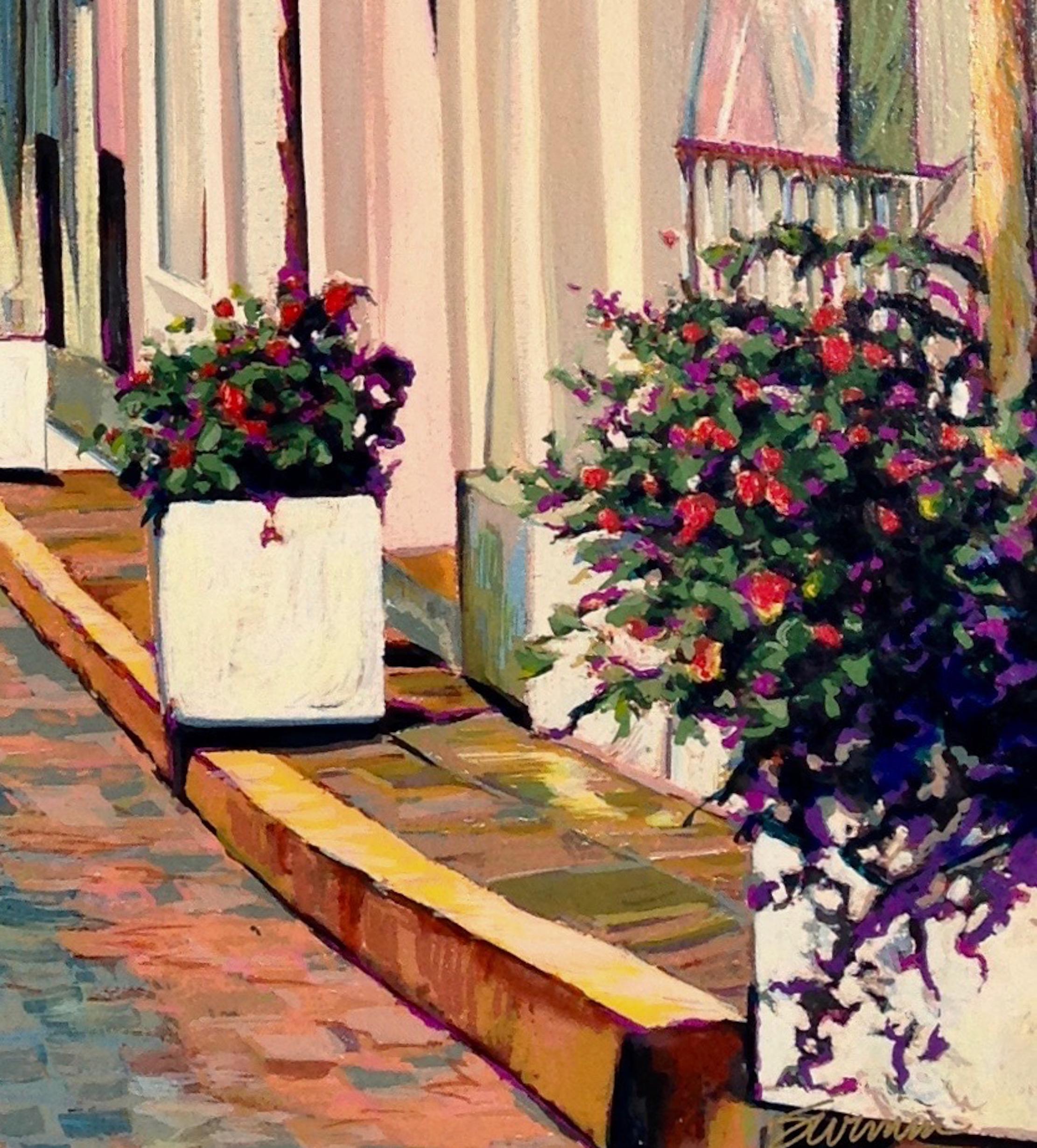 « Morning By The Bay » - Scène colorée de rue de port dans une vieille sérigraphie de San Juan - Print de Tom Swimm