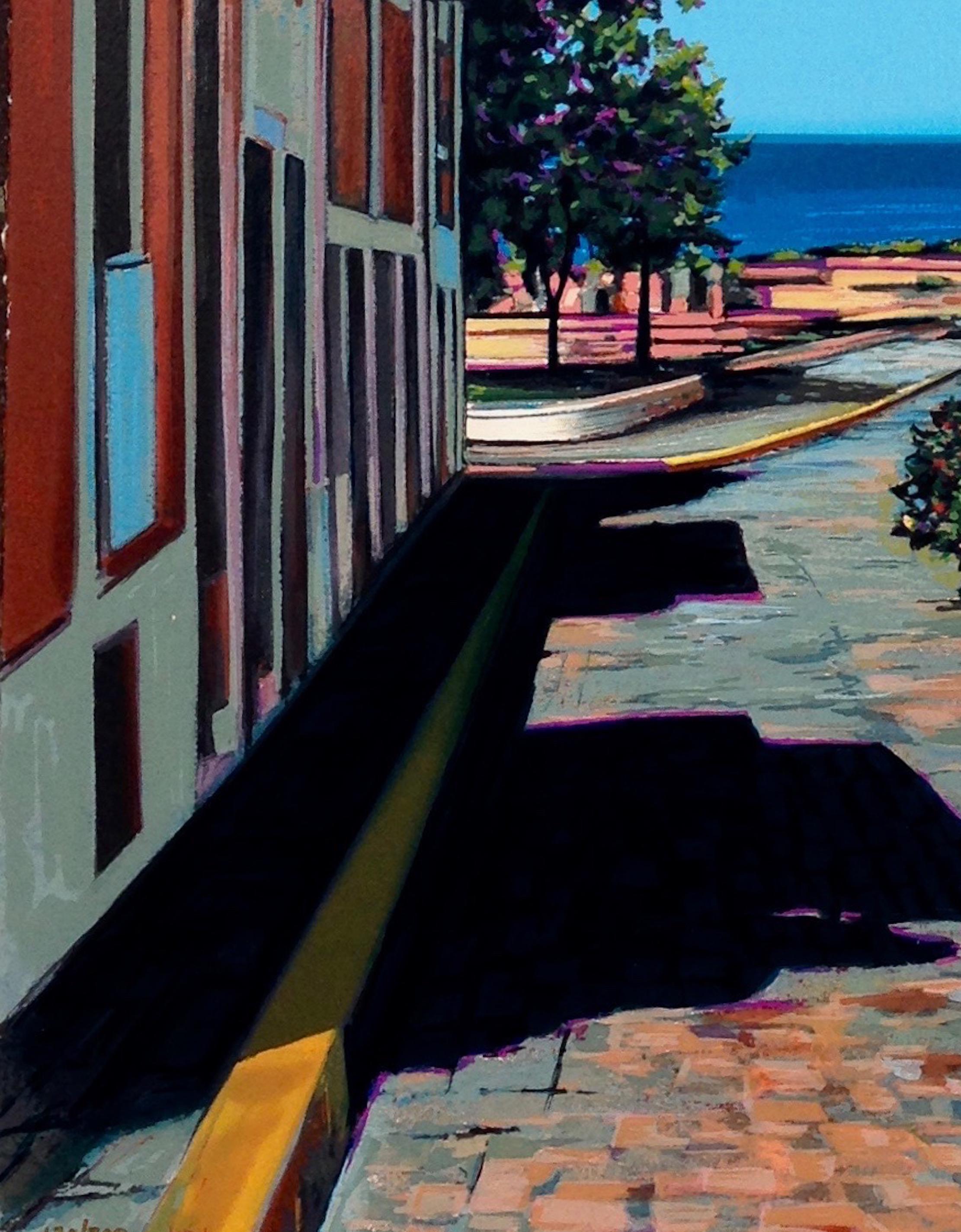 « Morning By The Bay » - Scène colorée de rue de port dans une vieille sérigraphie de San Juan - Réalisme américain Print par Tom Swimm