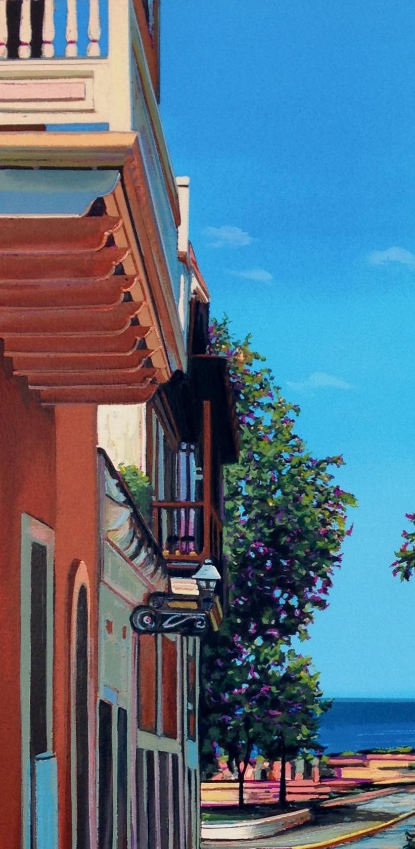 « Morning By The Bay » - Scène colorée de rue de port dans une vieille sérigraphie de San Juan - Noir Landscape Print par Tom Swimm