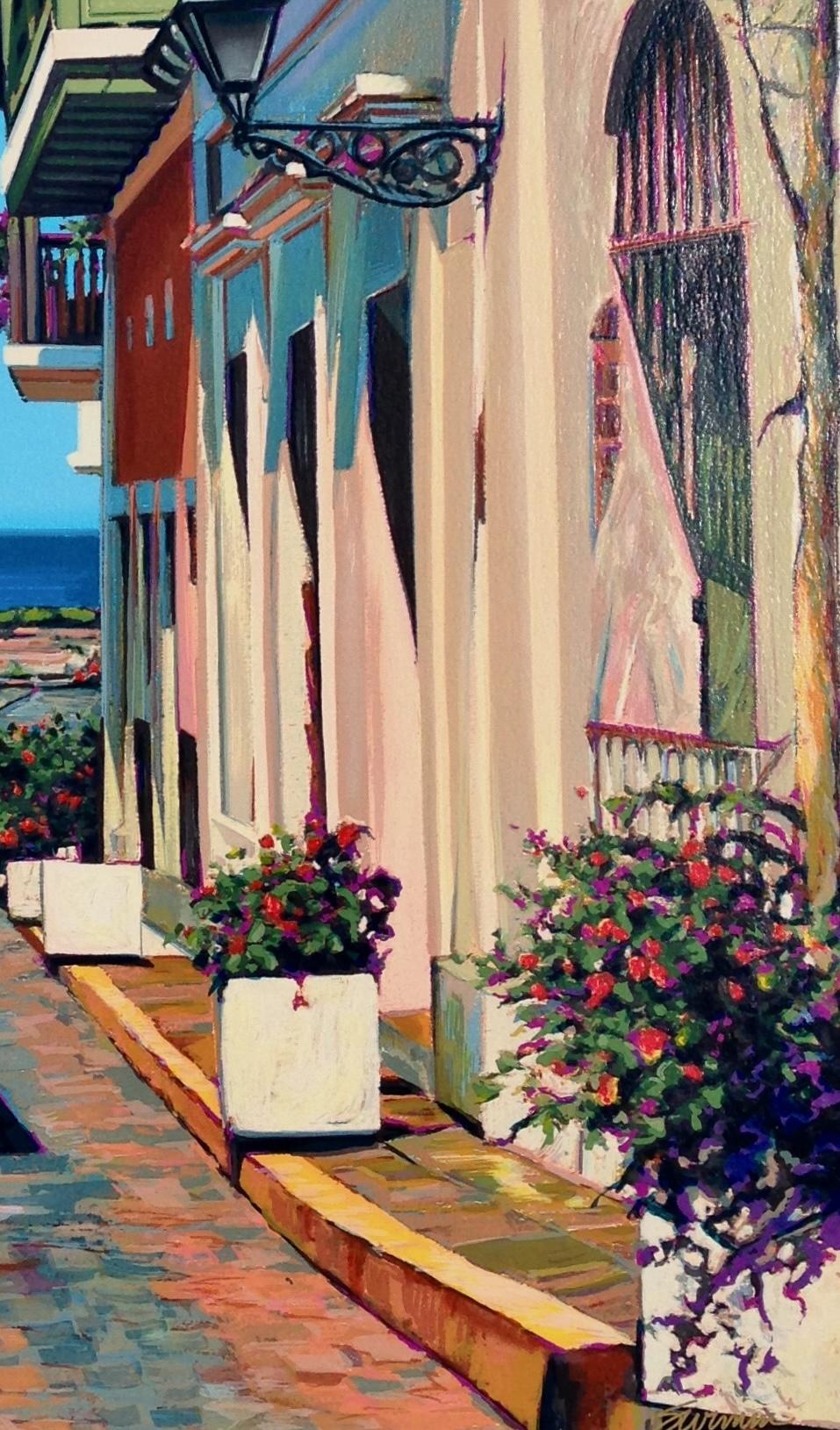 „Morning By The Bay“ Bunte Hafenstraßenszene im alten San Juan Serigraphie 1