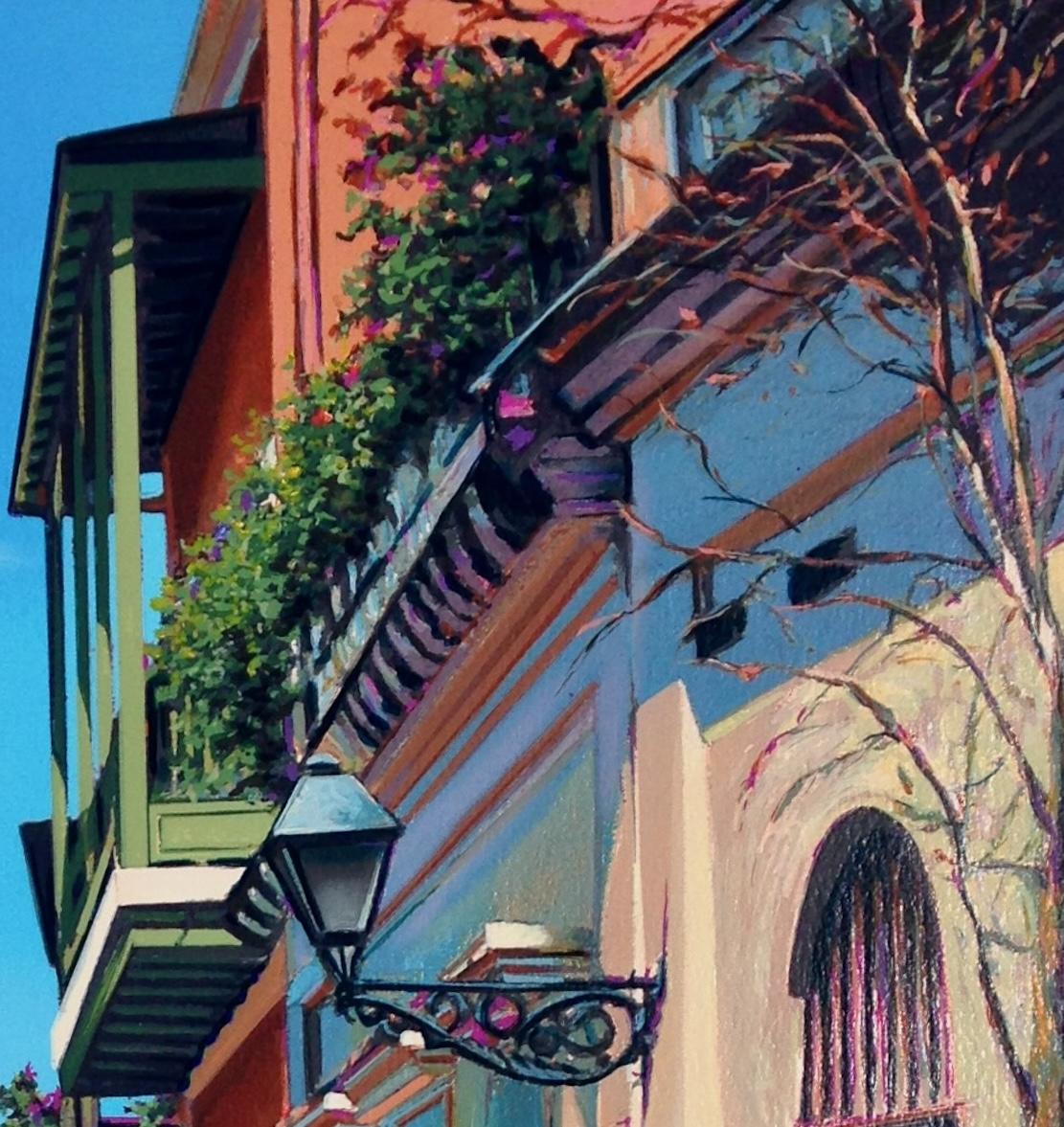 « Morning By The Bay » - Scène colorée de rue de port dans une vieille sérigraphie de San Juan en vente 1