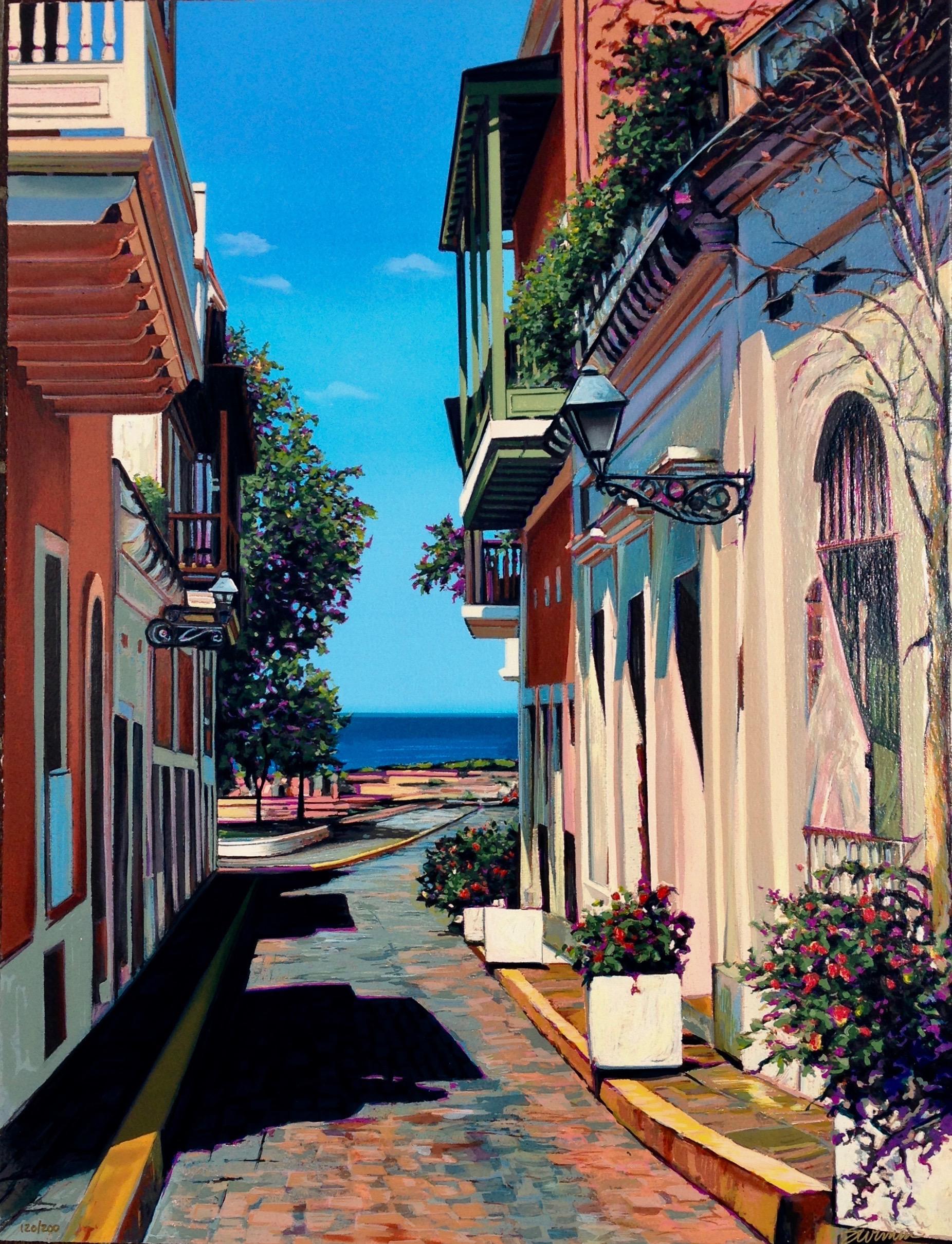 Tom Swimm Landscape Print –  „Morning By The Bay“ Bunte Hafenstraßenszene im alten San Juan Serigraphie