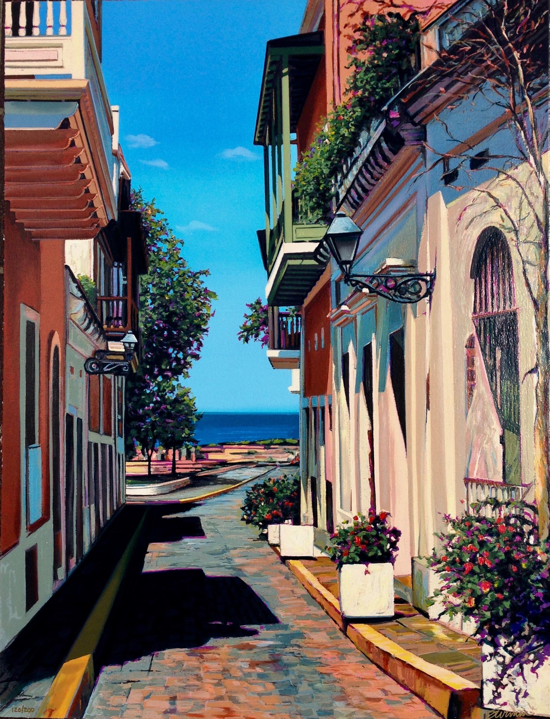 "Morning By The Bay" Scena colorata di strada portuale nella vecchia San Juan Serigrafia