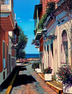 "Morning By The Bay" Scena colorata di strada portuale nella vecchia San Juan Serigrafia