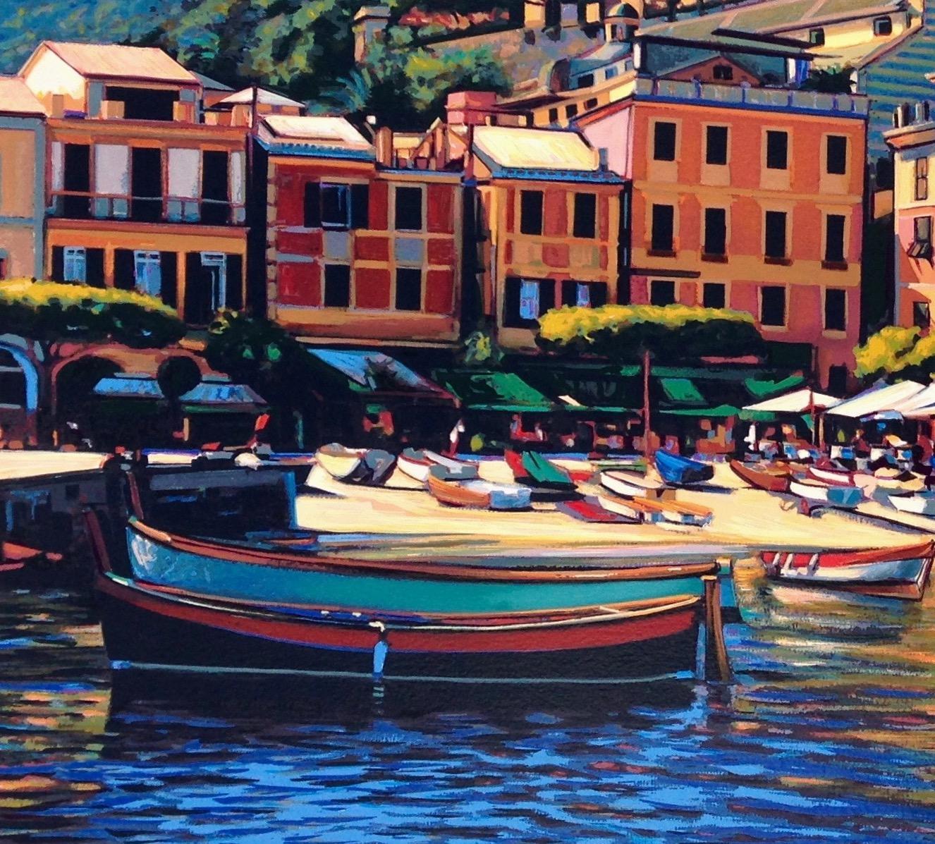  Bunte Hafenszene „Song of Portofino“ aus der Serie „Song of Portofino“ der italienischen Riviera – Print von Tom Swimm