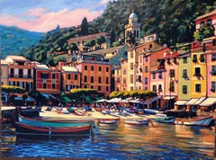  Sérigraphie colorée «ong of Portofino » de scène portuaire sur la Côte d'Azur