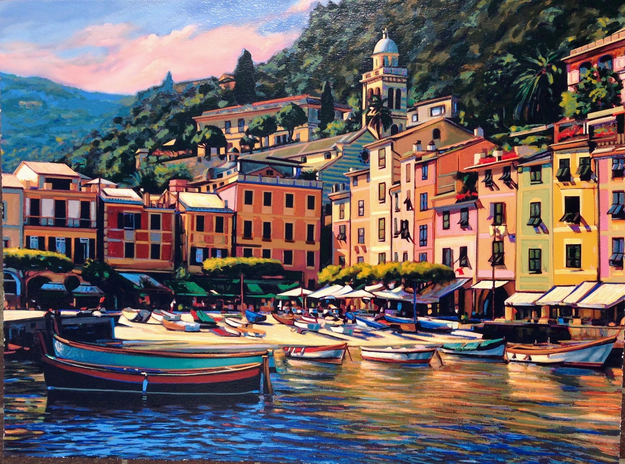 Tom Swimm Landscape Print –  Bunte Hafenszene „Song of Portofino“ aus der Serie „Song of Portofino“ der italienischen Riviera
