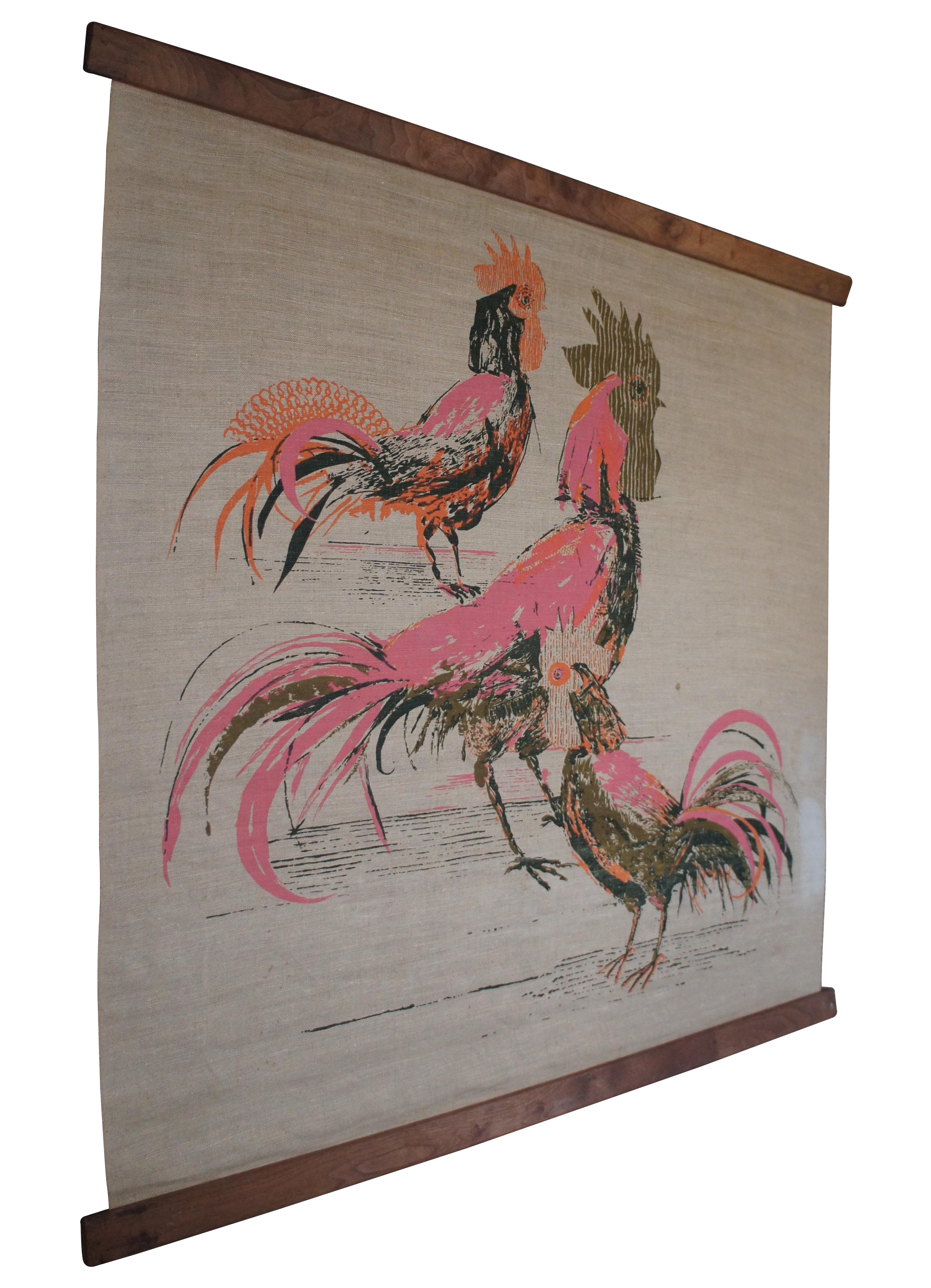Midcentury Tom Tru Studios wall hanging tapestry wall art screenprint linen titled Chanticleer designed by Robert Bushong, distributed by Raymor. Fall 1959 Catalog number C55, variation C showing a trio of cocks / roosters / chickens printed in