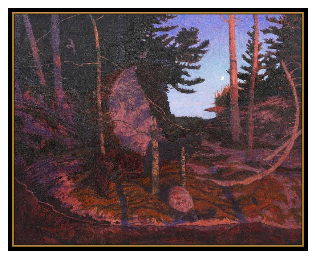 Tom Uttech Large Original Oil Painting Signed Landscape Forest Framed Artwork - Black Landscape Painting by Thomas Uttech