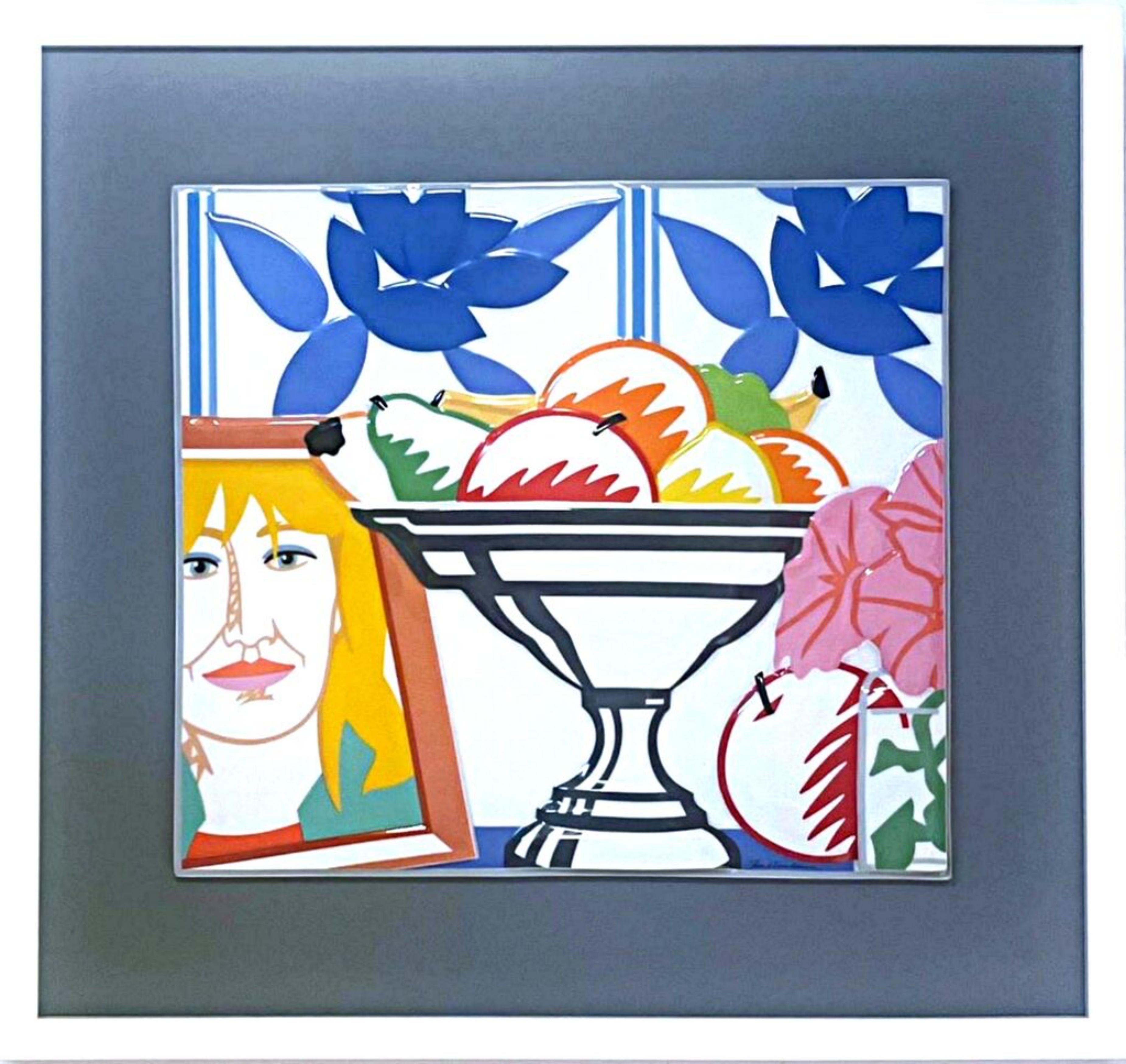 Still Life with Fruit Petunias and Claire porcelain sculpture signed 2x 196/299