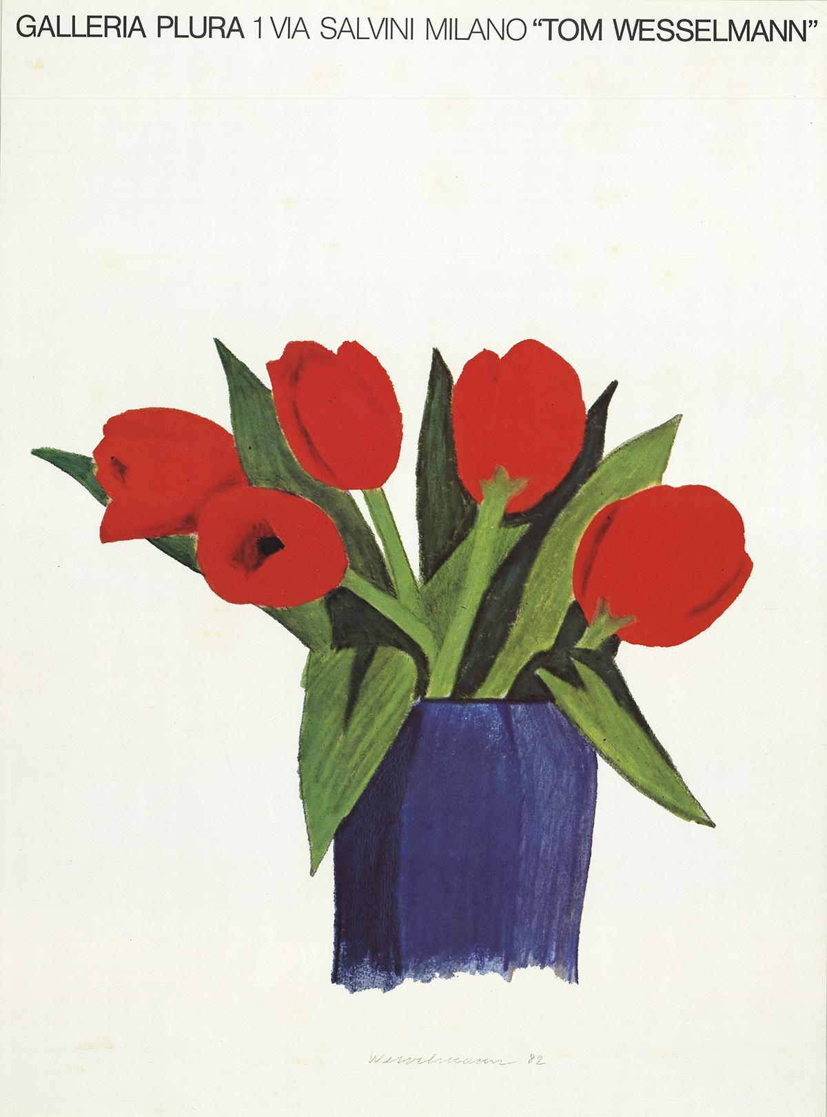"Tulipanes en un jarrón" de Tom Wesselmann es una serigrafía vibrante y llamativa que muestra la habilidad del artista para mezclar elementos de las bellas artes y la cultura popular. Publicada en 1985 por la Galería Plura, esta obra forma parte de