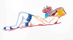 Nudo con bouquet e calze