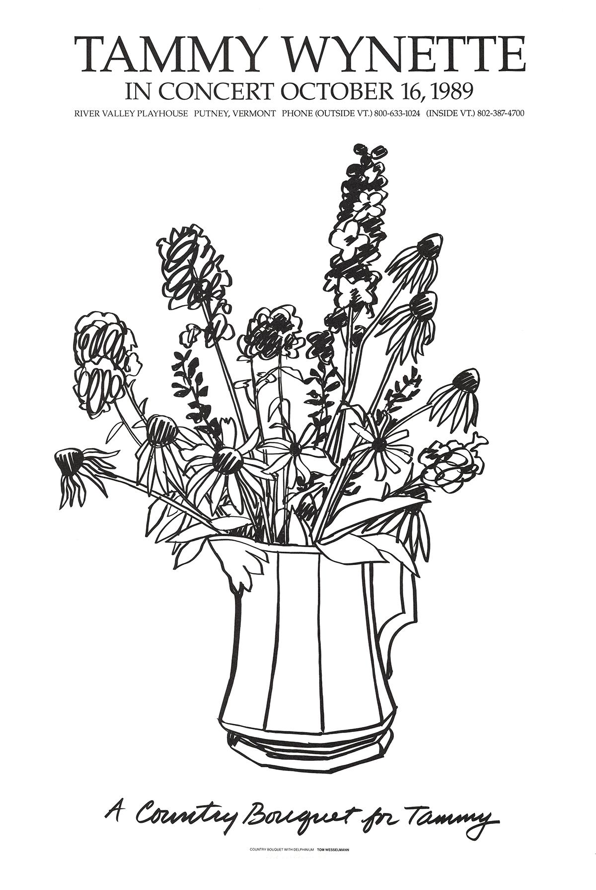 Cette sérigraphie signée de Tom Wesselmann, intitulée "Country Bouquet with Delphinium", a été créée pour un concert de Tammy Wynette dans le Vermont en 1989. Imprimée sur du papier chiffon épais, cette pièce vibrante présente l'imagerie florale