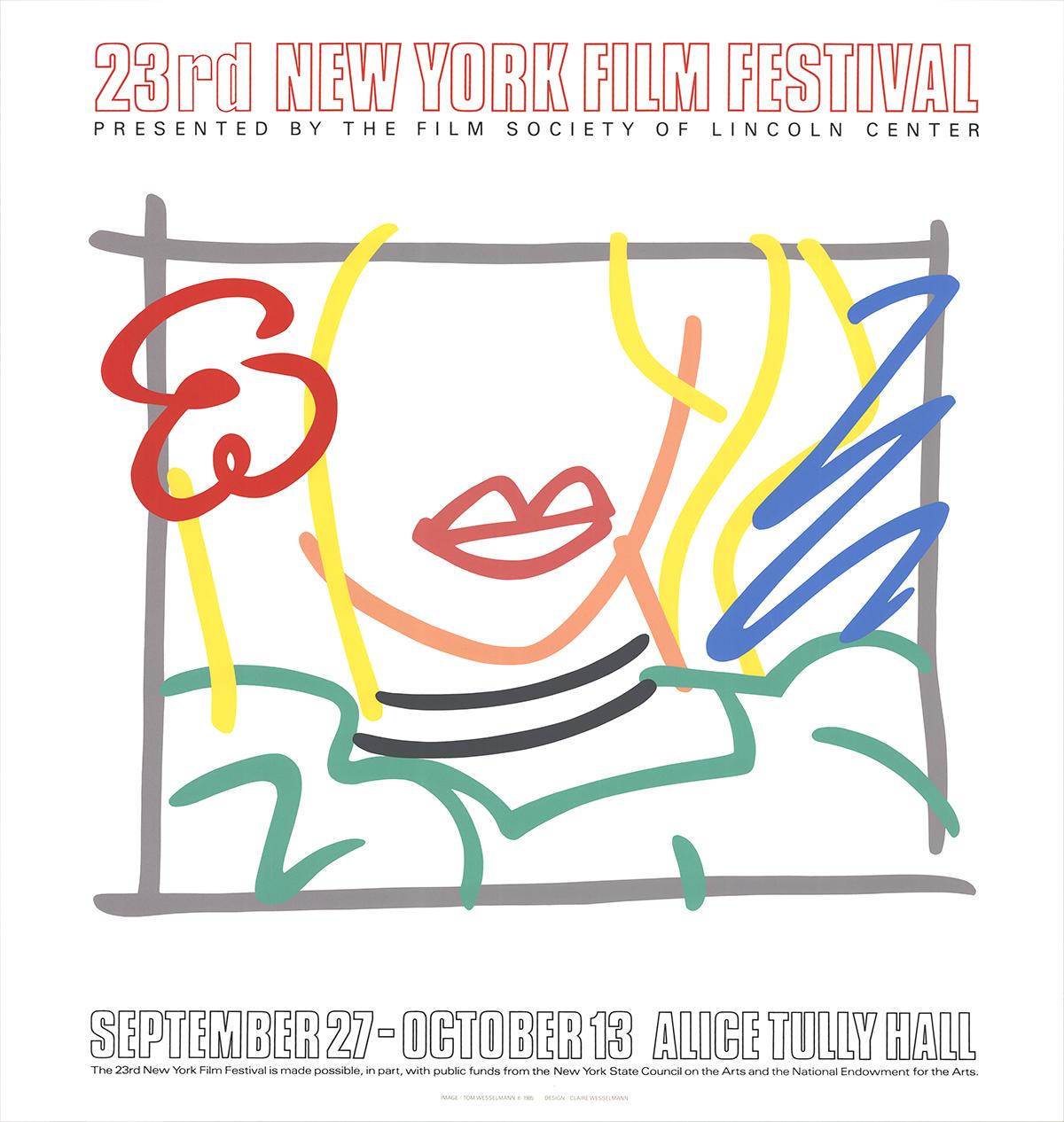 "Monica, 23rd New York Film Festival" is a serigraph created by Tom Wesselmann for the 23rd New York Film Festival, held in 1985 at the Lincoln Center for the Performing Arts. This piece is a vivid example of Wesselmann's style, blending Pop Art