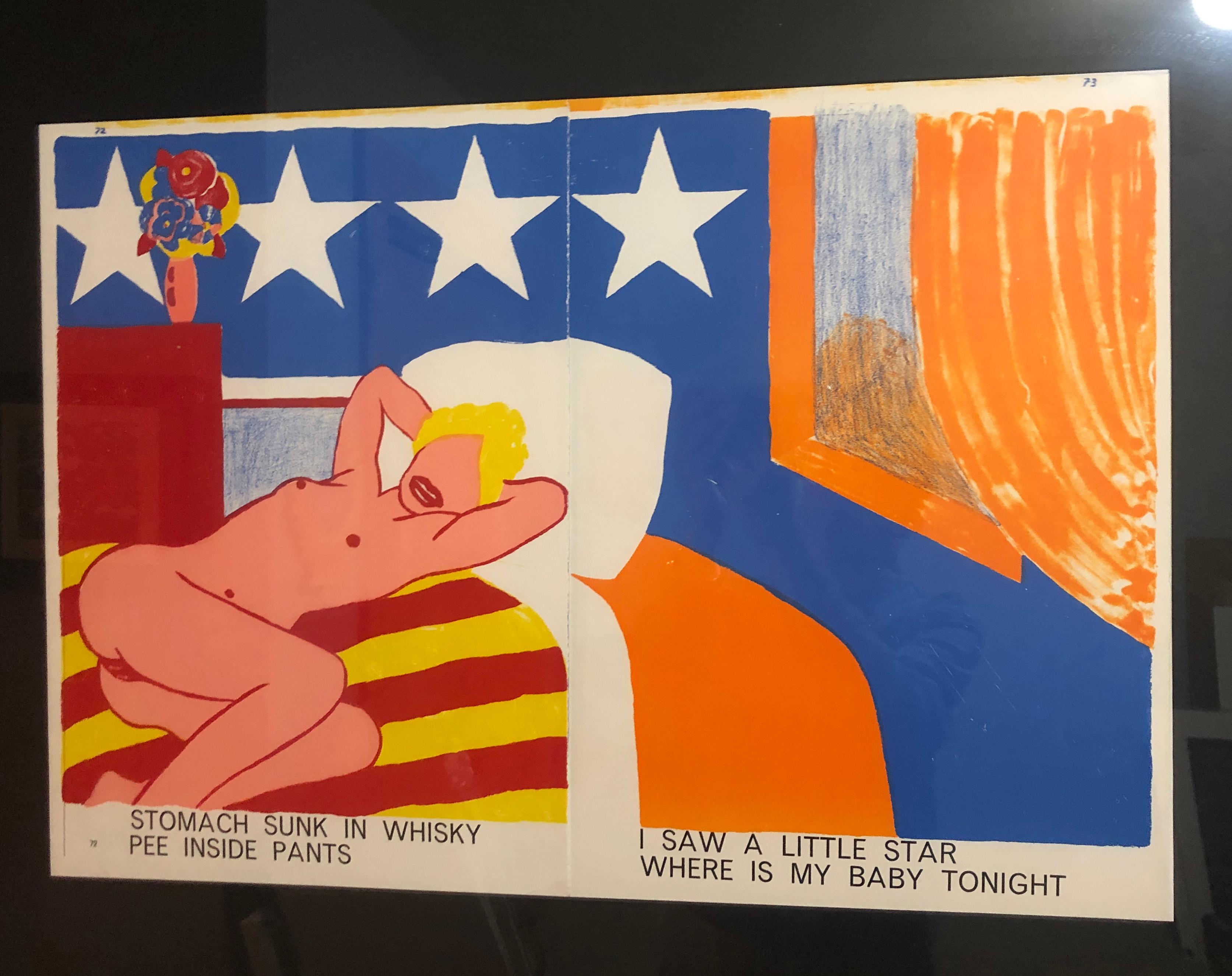 A horizontal Pop style color lithograph of a female nude and interior in red, yellow, orange, and blue by Tom Wesselmann, with poetry by Walasse Ting. The work was included in the 