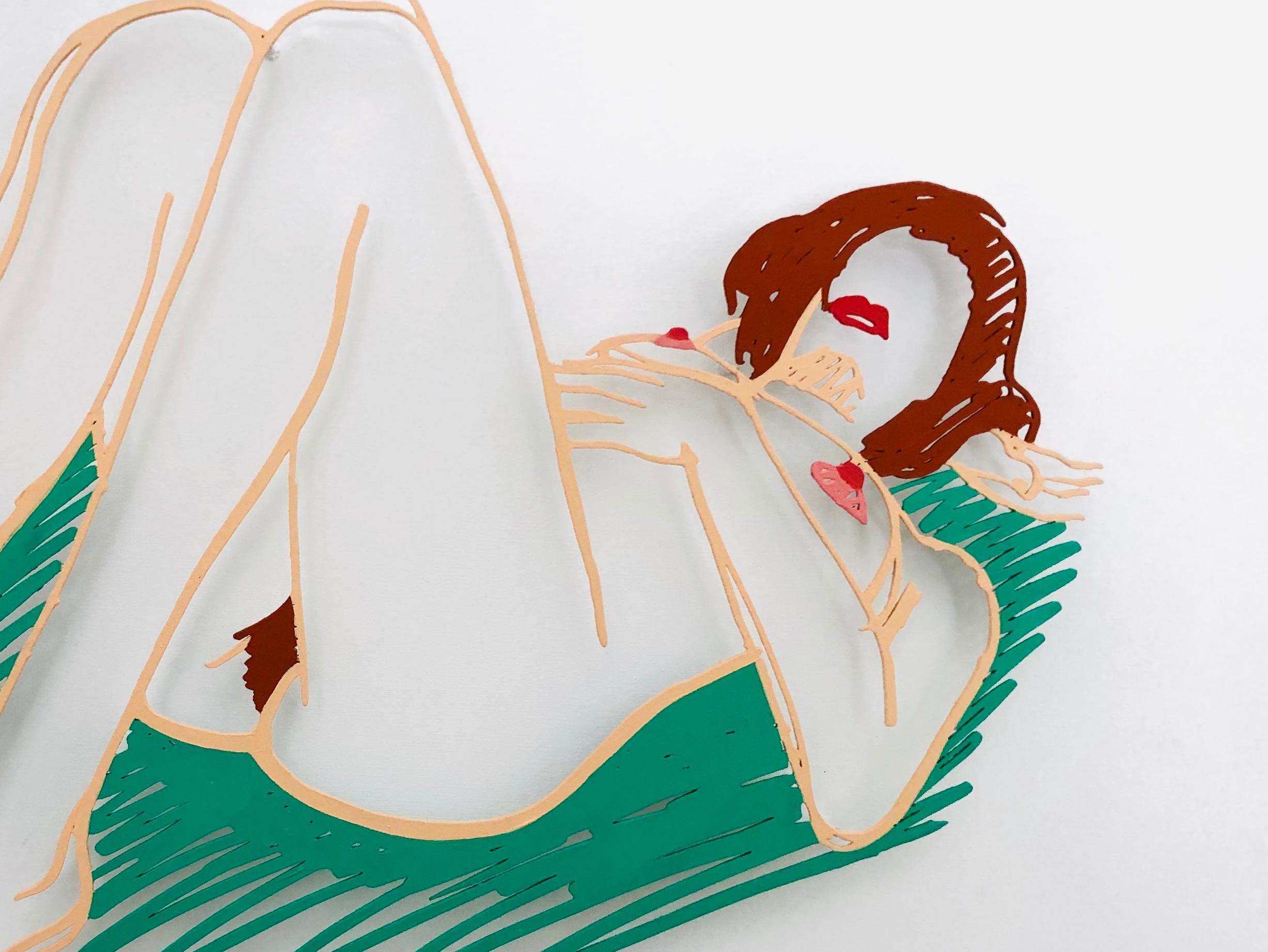Tom Wesselmann
Blonde on Blanket, 1985/98
Alkyd oil on cut-out Steel
25.4 x 31.75 cm  10 x 12 1/2 in
signed dated and numbered on verso: AP 6/6
This work is a unique color variant.

Tom Wesselmann's most productive phase of his career began with the