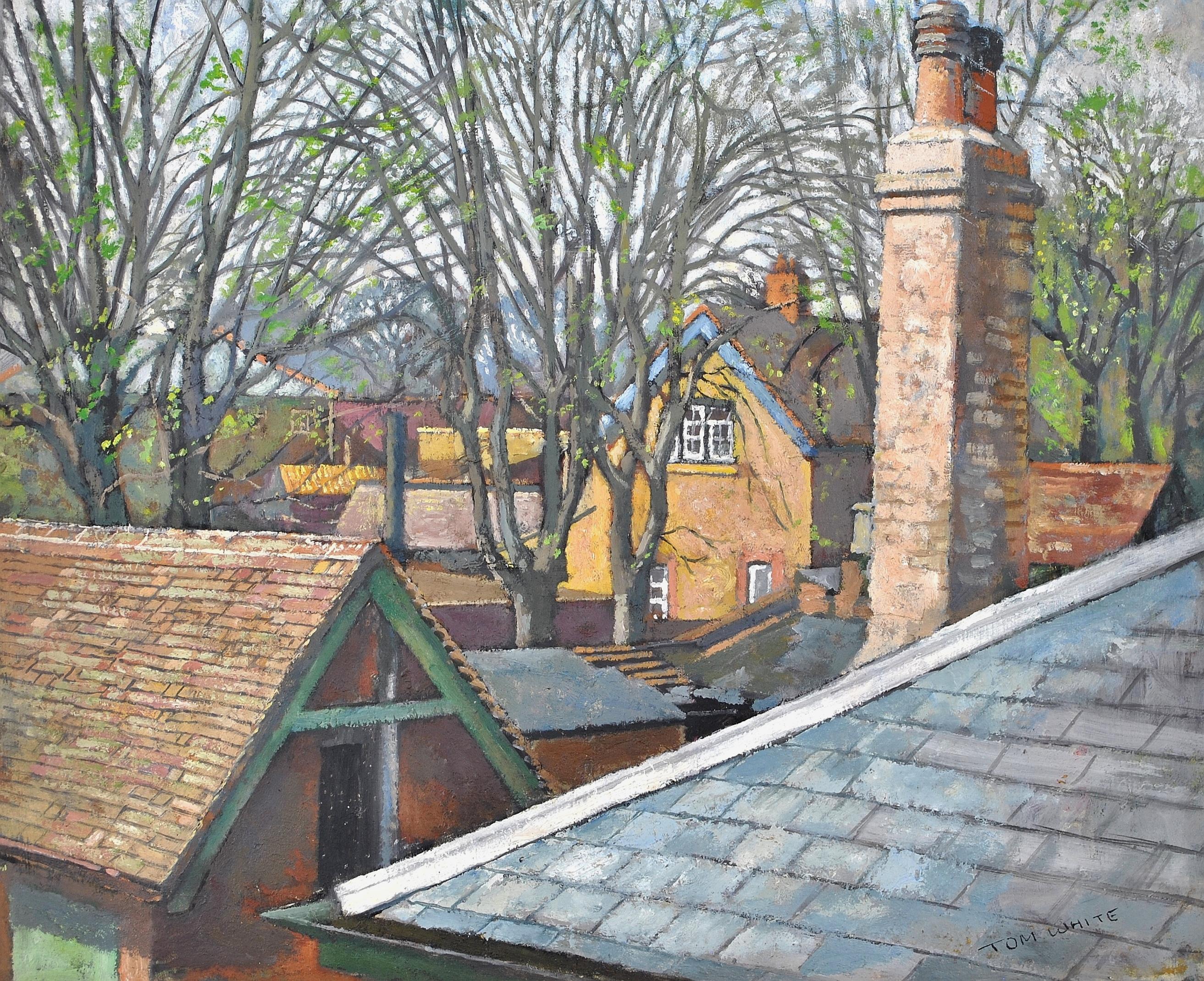 Rooftops - Mid 20th Century English Oil on Board Houses Landscape Painting For Sale 1
