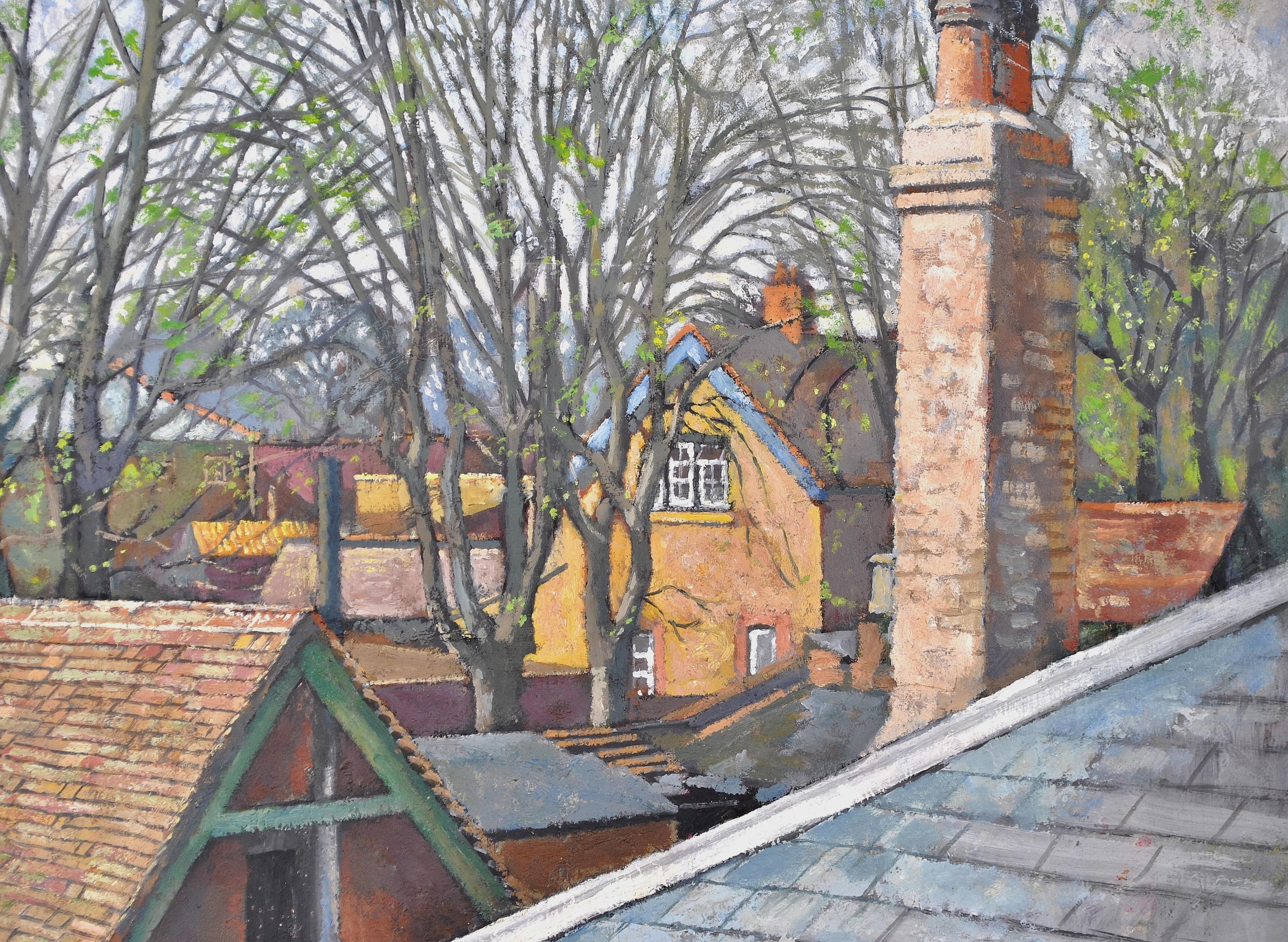 Rooftops - Mid 20th Century English Oil on Board Houses Landscape Painting For Sale 2