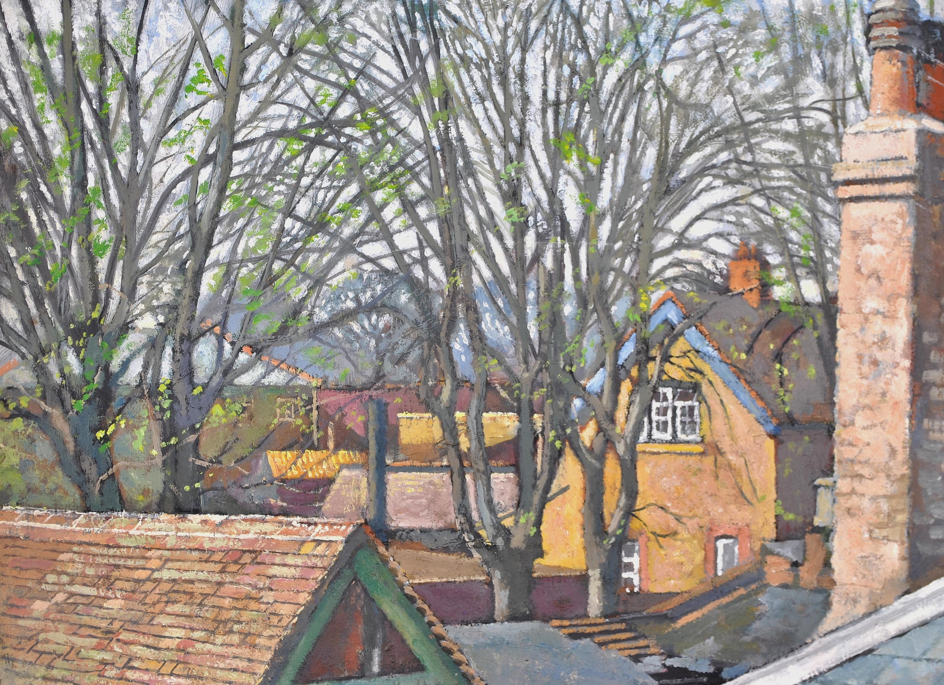 Rooftops - Mid 20th Century English Oil on Board Houses Landscape Painting For Sale 3