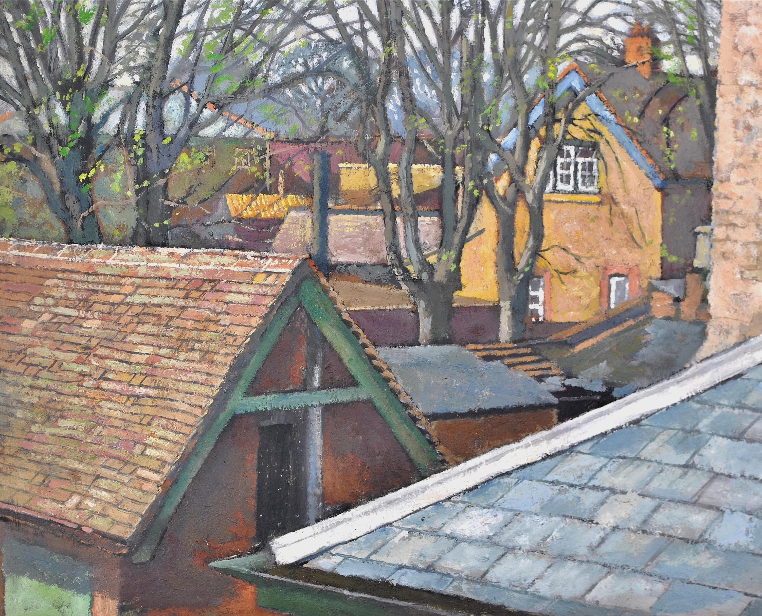 Rooftops - Mid 20th Century English Oil on Board Houses Landscape Painting For Sale 4