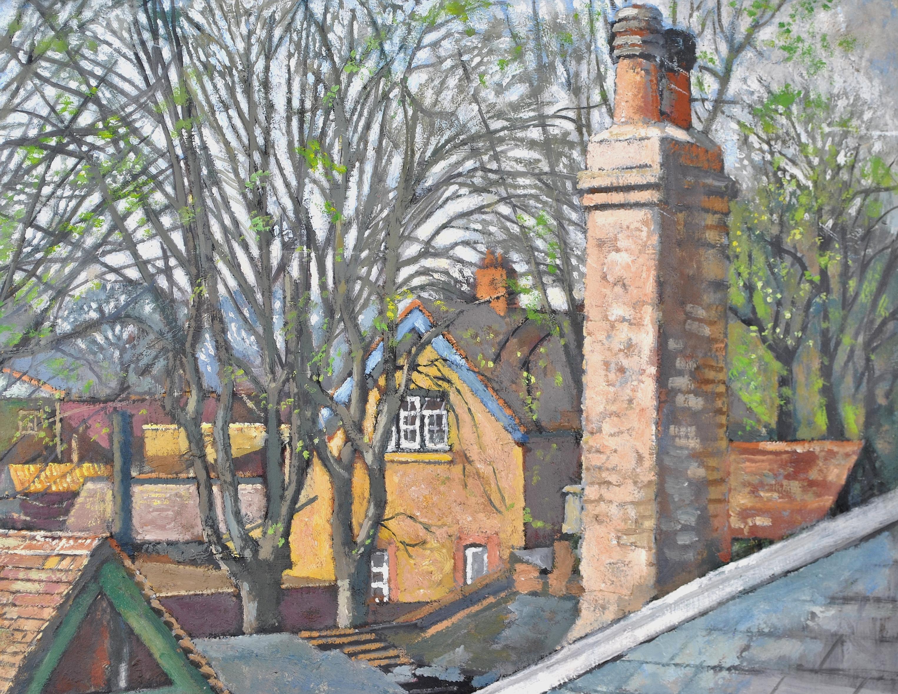 Rooftops - Mid 20th Century English Oil on Board Houses Landscape Painting For Sale 5