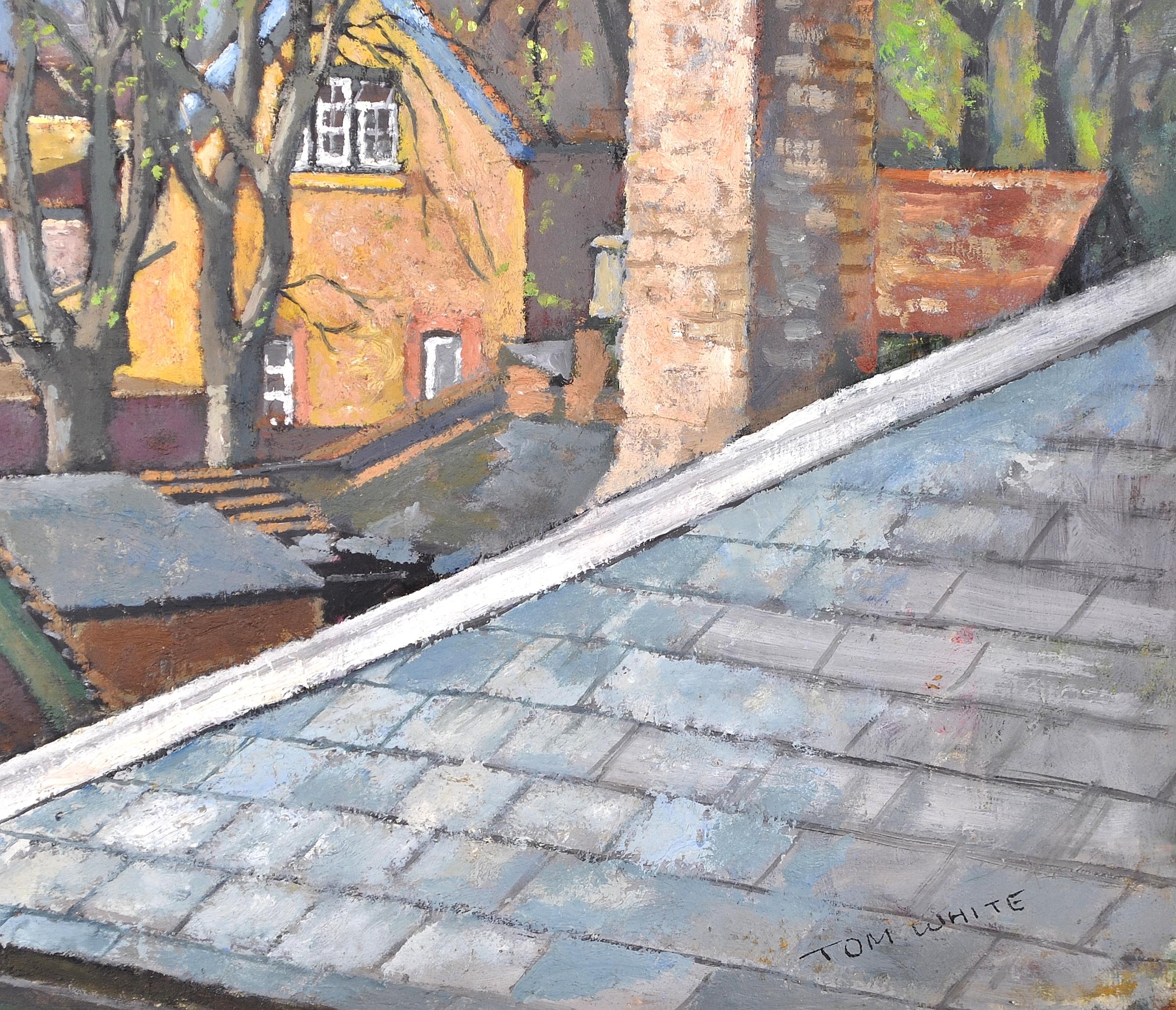 Rooftops - Mid 20th Century English Oil on Board Houses Landscape Painting For Sale 3