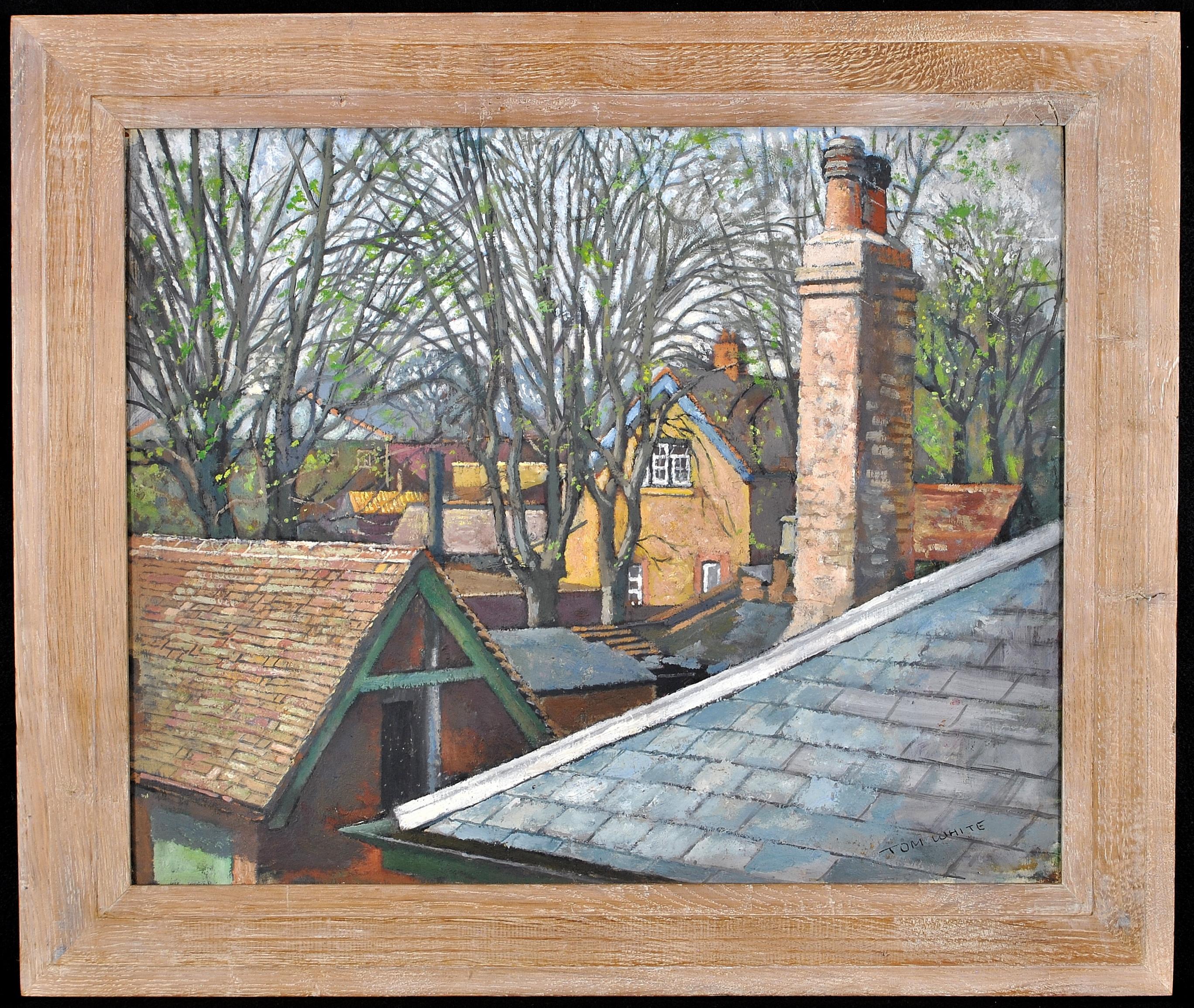 Rooftops - Peinture à l'huile sur panneau anglaise du milieu du 20e siècle représentant des paysages de maisons